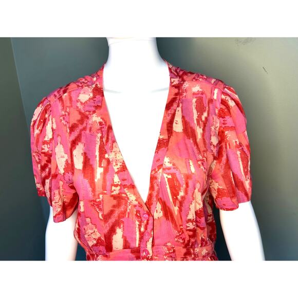 BA&SH Talita Printed Mini Dress Pink Red Short Sleeve Cotton Blend Size Large - Picture 7 of 13